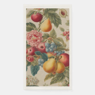 Apples, Pears, Grapes, Pink Flower. French Painted Napkin