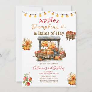 Apples Pumpkins and Bales of Hay Birthday Autumn Invitation