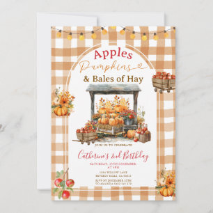 Apples Pumpkins and Bales of Hay Birthday Gingham Invitation