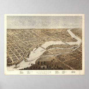 Appleton Wisconsin 1887 Antique Panoramic Map Poster