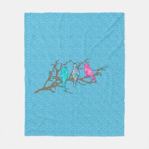 Applique Birds on a Branch, Sky Blue Multi Fleece Blanket