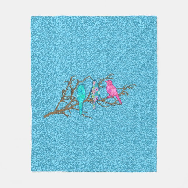 Applique Birds on a Branch, Sky Blue Multi Fleece Blanket (Front)