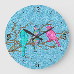 Applique Birds on a Branch, Sky Blue Multi Large C Clock