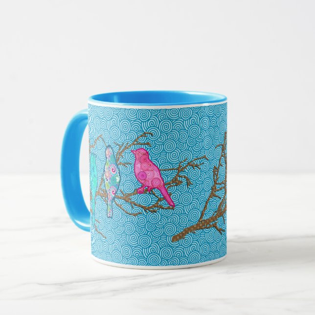 Applique Birds on a Branch, Sky Blue Multi Mug (Front Left)