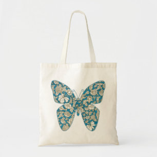 Applique fabric butterfly floral blue tote bag