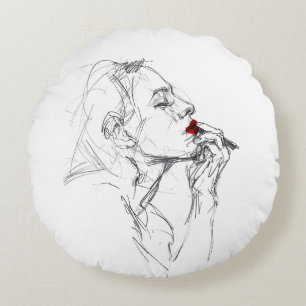 Applying Red Lipstick Round Cushion