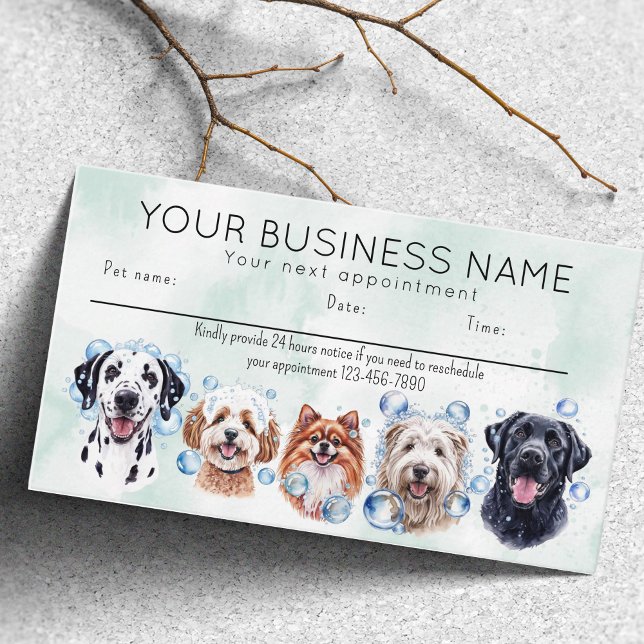 Appointment card watercolor dogs bubbles (Appointment card dog grooming bathing dogs bubbles. happy dogs)