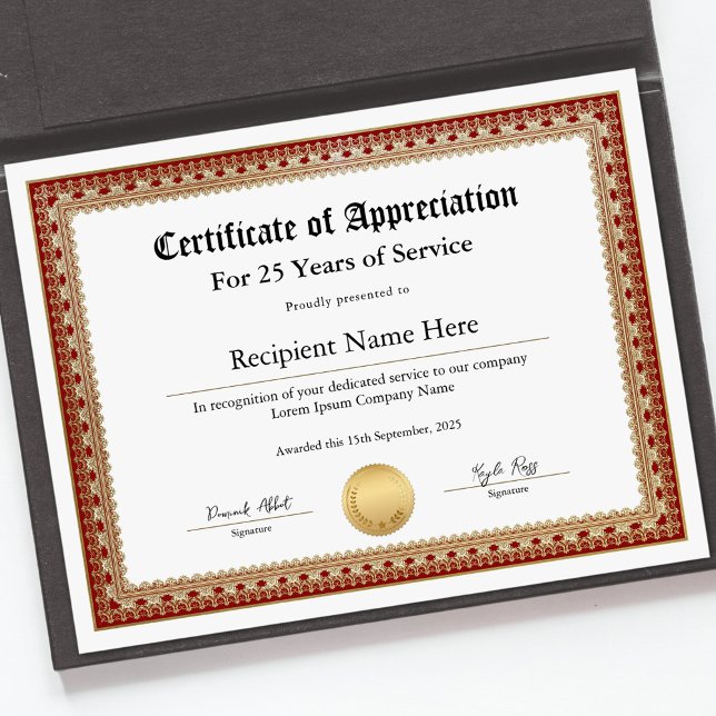 Appreciation Certificate for Years of Service (Certificate of Appreciation for Years of Service)