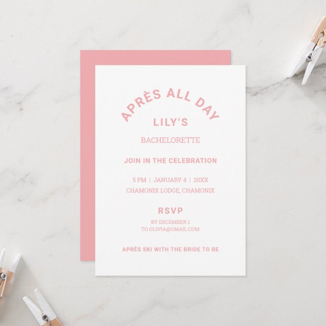 Après All Day Icy Pink Bachelorette Ski Theme Invitation (Front/Back In Situ)