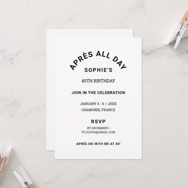 Après All Day Winter 40th Birthday Ski Weekend Invitation (Front/Back In Situ)