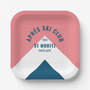 Après Ski Club Pink Navy Retro Ski Party Square Paper Plate
