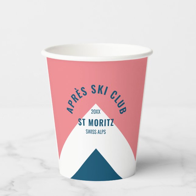 Après Ski Club Pink Navy Retro Style Ski Party Paper Cups (Front)