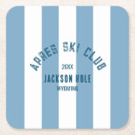 Apres Ski Club Retro Blue Cabana Stripe Ski Party Square Paper Coaster<br><div class="desc">Apres Ski Club paper coasters are perfect for your ski club theme gatherings on the slopes, by the hot tub or in the lodge... Retro blue cabana stripes with navy distressed custom ski club crest. Personalise with the details of your gathering... year, resort and destination. Perfect for a family or...</div>