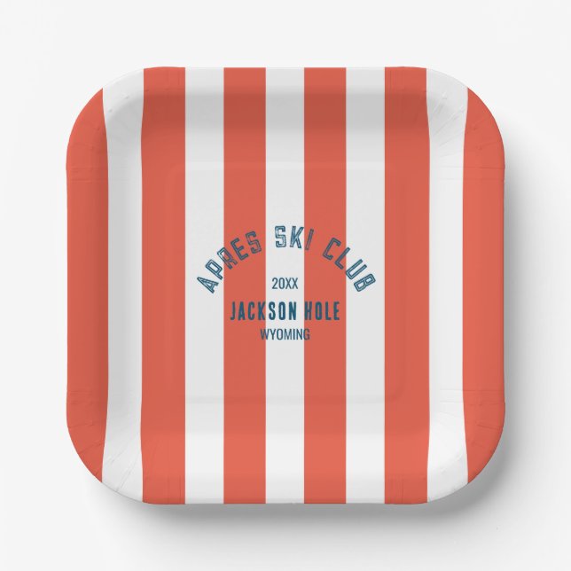 Apres Ski Club Retro Red Cabana Stripe Ski Party Paper Plate (Front)