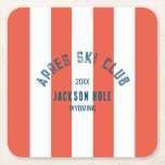 Apres Ski Club Retro Red Cabana Stripe Ski Party Square Paper Coaster<br><div class="desc">Apres Ski Club paper coasters are perfect for your ski club theme gatherings on the slopes, by the hot tub or in the lodge... Retro red cabana stripes with navy distressed custom ski club crest. Personalise with the details of your gathering... year, resort and destination. Perfect for a family or...</div>