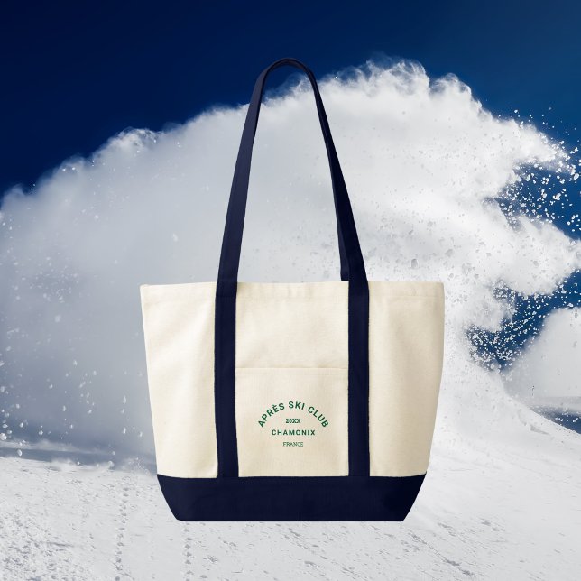 Après Ski Club Winter Green Ski Resort Crest Navy Tote Bag (Creator Uploaded)