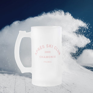 Après Ski Club Winter Pink Ski Resort Crest Frosted Glass Beer Mug