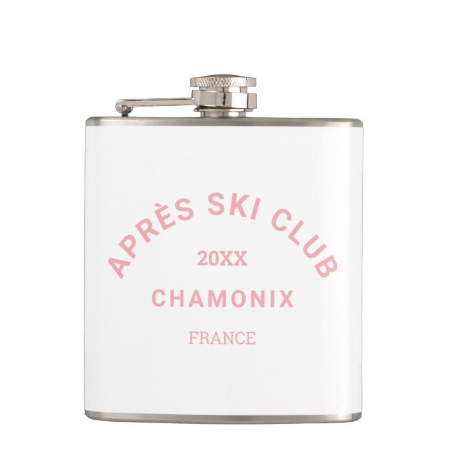 Après Ski Club Winter Pink Ski Resort Crest Hip Flask (Front)