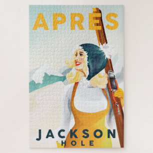 "Apres Ski Jackson Hole" Cool Retro Skiing Art Jigsaw Puzzle