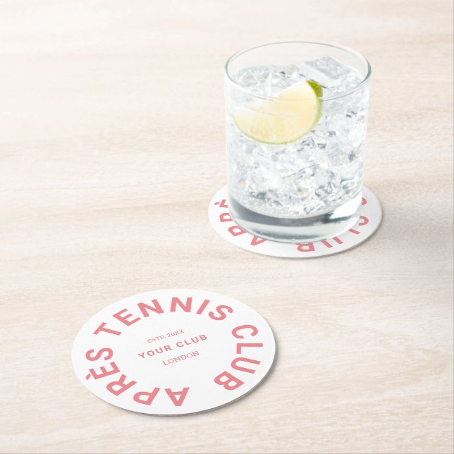 Après Tennis Club Custom Pink Crest Round Paper Coaster (Insitu)