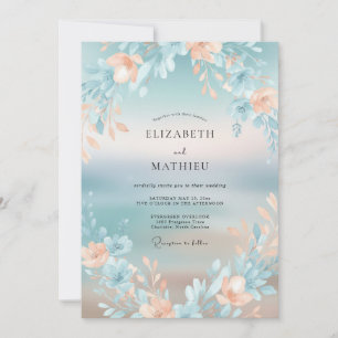 Apricot Aqua Foliage Muted Eucalyptus Wedding Invitation