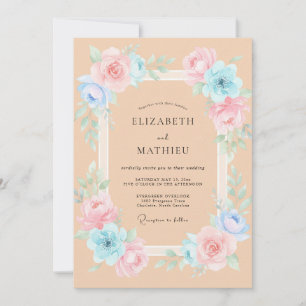 Apricot Aqua Peony Wedding Invitation