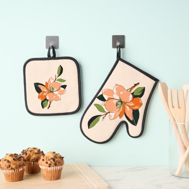 Apricot Azalea on Cream Oven Mitt & Pot Holder Set (Insitu(Hanging))