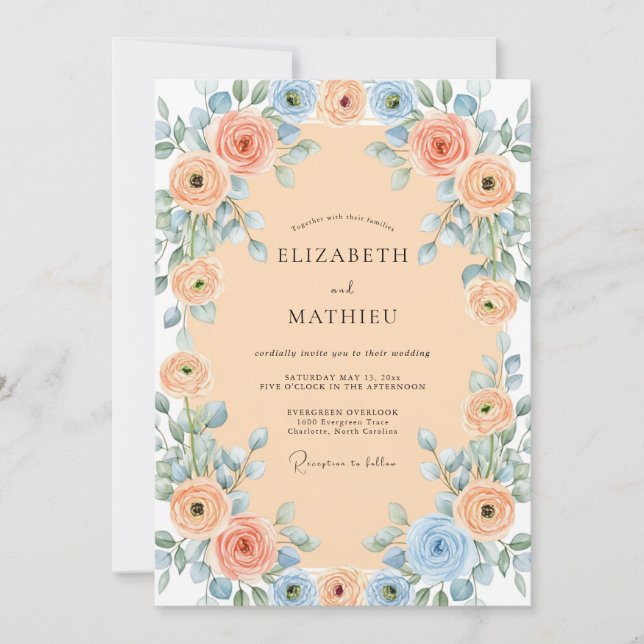 Apricot Blue Charming Spring Wedding Invitation (Front)