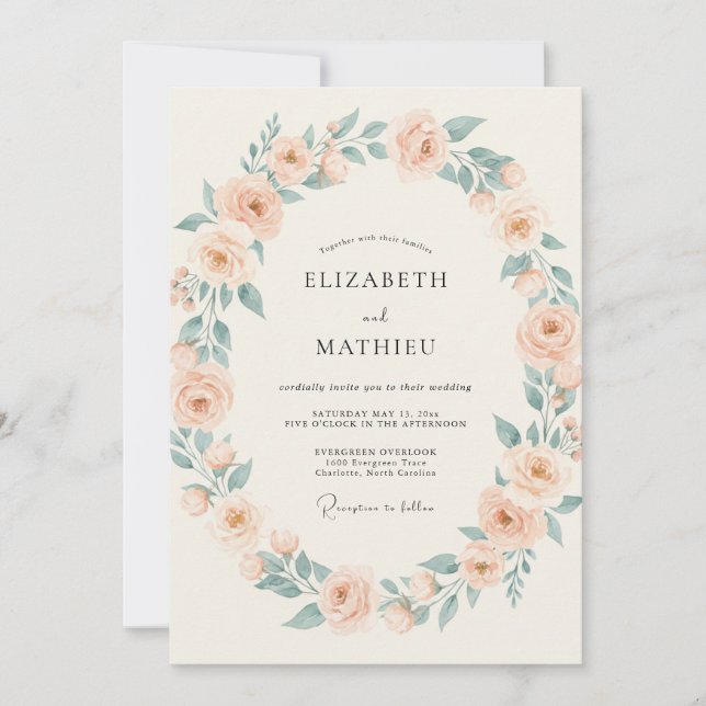 Apricot Celadon Wreath Wedding Invitation (Front)