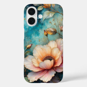 Apricot Cosmos flower on Teal background iPhone 16 Case