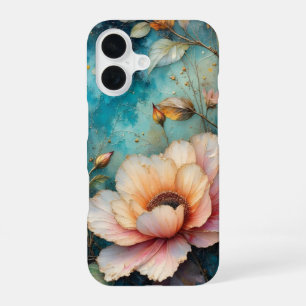 Apricot Cosmos flower on Teal background iPhone 16 Case