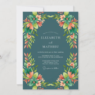 Apricot Dark Slate Wreath Wedding Invitation