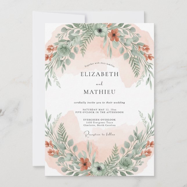 Apricot Fern Foliage Wedding Invitation (Front)
