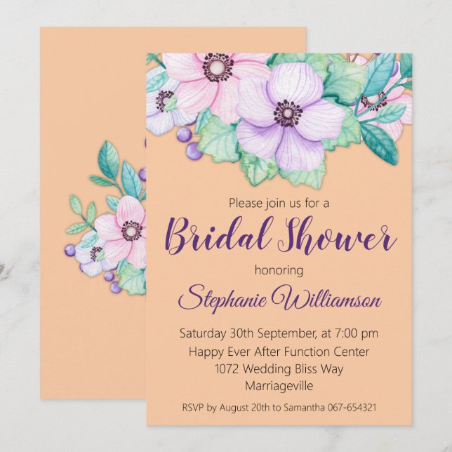 Apricot Floral Bridal Shower Invitation (Front/Back)