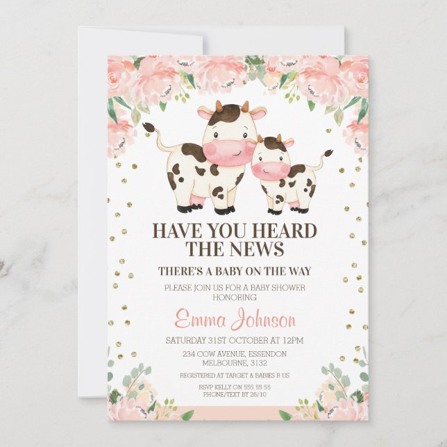 Apricot Floral Heard News Cow Baby Shower Invitation (Front)