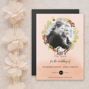 Apricot Floral Wreath Photo Save the Date Magnetic Invitation