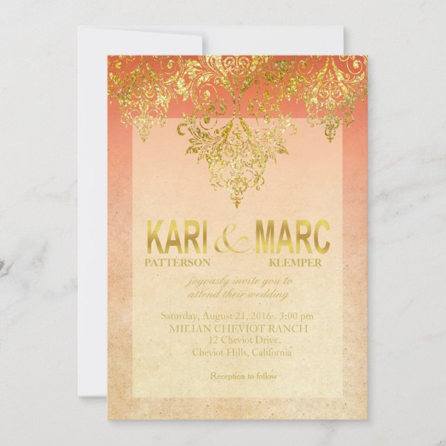 Apricot & Gold Gatsby Glitter Flourish Wedding Invitation (Front)