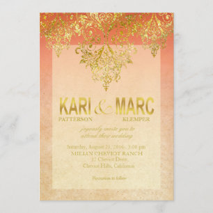 Apricot & Gold Gatsby Glitter Flourish Wedding Invitation