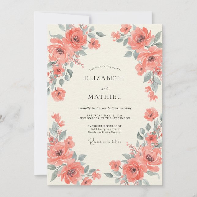 Apricot Grey Foliage Eucalyptus Wedding Invitation (Front)