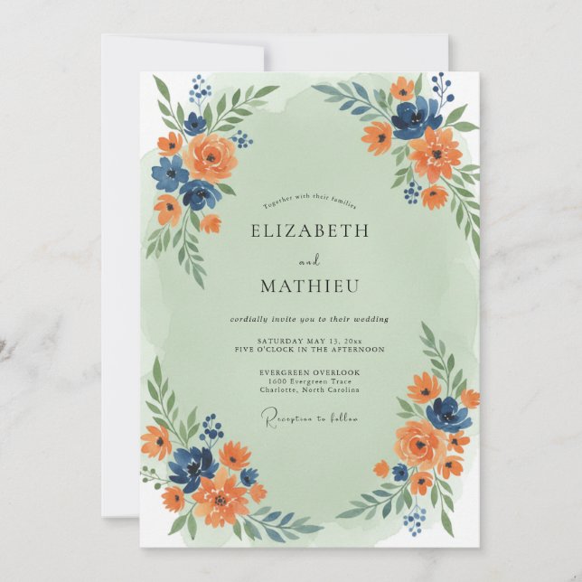 Apricot Indigo Wildflower Wedding Invitation (Front)