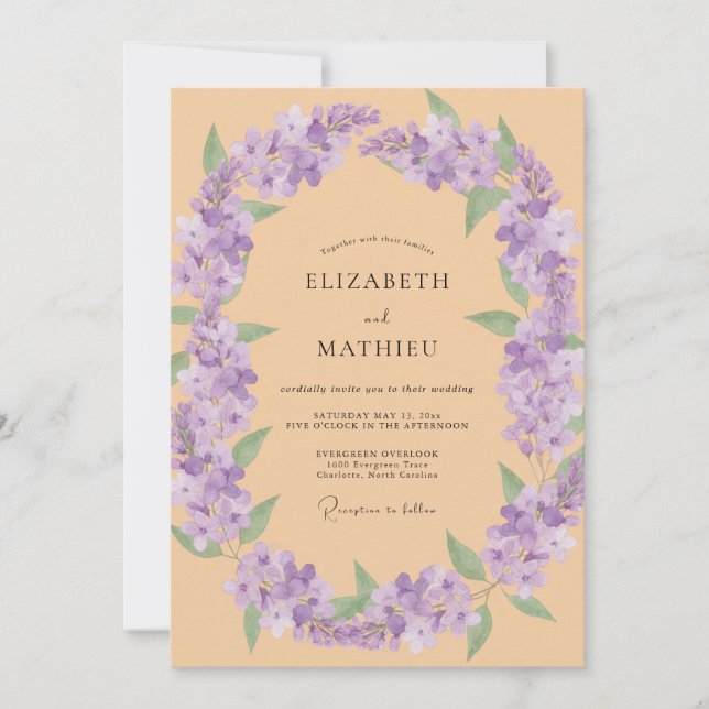 Apricot Lilac Wreath Wedding Invitation (Front)