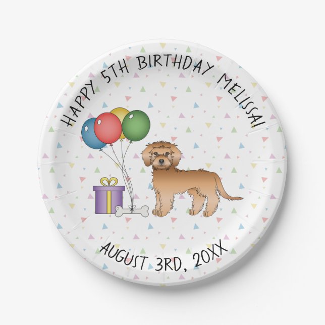 Apricot Mini Goldendoodle Cartoon Dog - Birthday Paper Plate (Front)