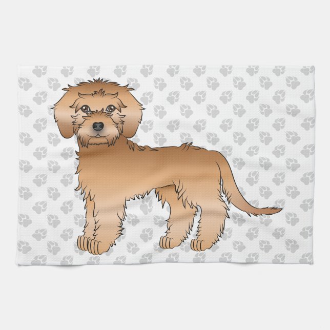 Apricot Mini Goldendoodle Cute Cartoon Dog & Paws Tea Towel (Horizontal)