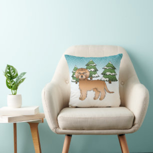 Apricot Mini Goldendoodle Dog In A Winter Forest Cushion