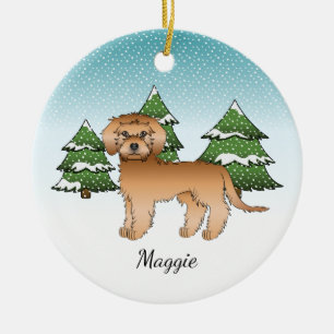 Apricot Mini Goldendoodle - Winter Forest & Name Ceramic Tree Decoration
