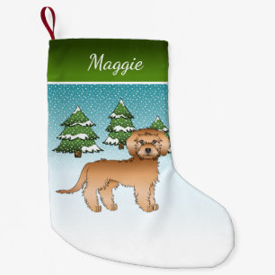 Apricot Mini Goldendoodle - Winter Forest & Name Small Christmas Stocking