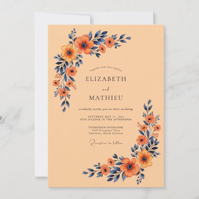Apricot Navy Blue Distinctive Autumnal Wedding Invitation (Front)