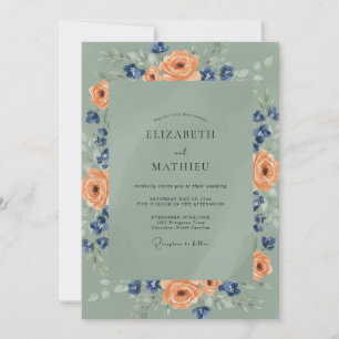 Apricot Navy Ranunculus Eucalyptus Wedding Invitation