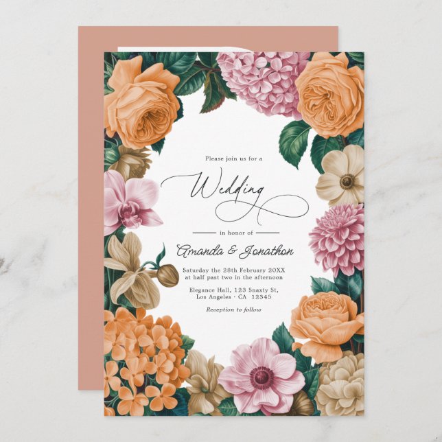 Apricot Nectar, Peony Pink & Warm Sand Wedding Invitation (Front/Back)