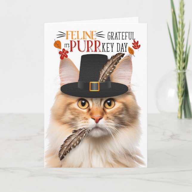 Apricot Norwegian Forest Cat Grateful PURRkey Day Holiday Card (Front)
